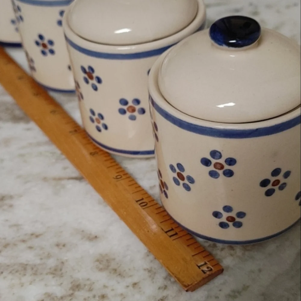 4 Mini VTG Ceramic Canisters Naaman Porcelain Israel Ivory Blue & Burgundy